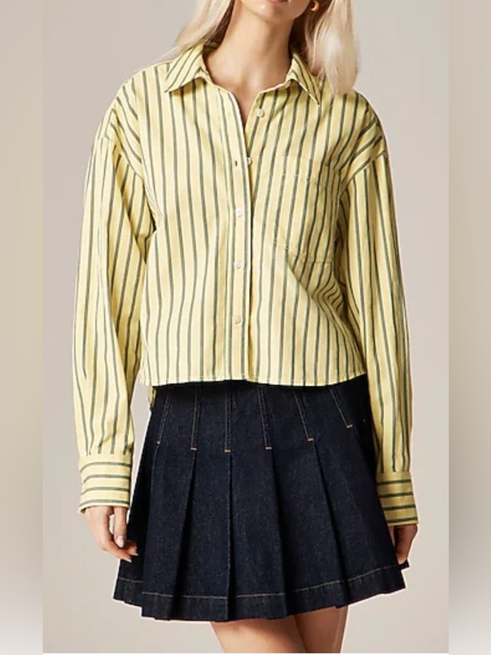 J CREW Cotton Etienne Cropped Yellow Tan Aqua Blue Striped Button Down Blouse XS